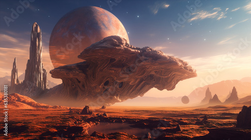 Fantastic art wallpaper. Alien landscape. Sci-fi illustration. Strange rock formations. Alien sky. Fantasy scene.