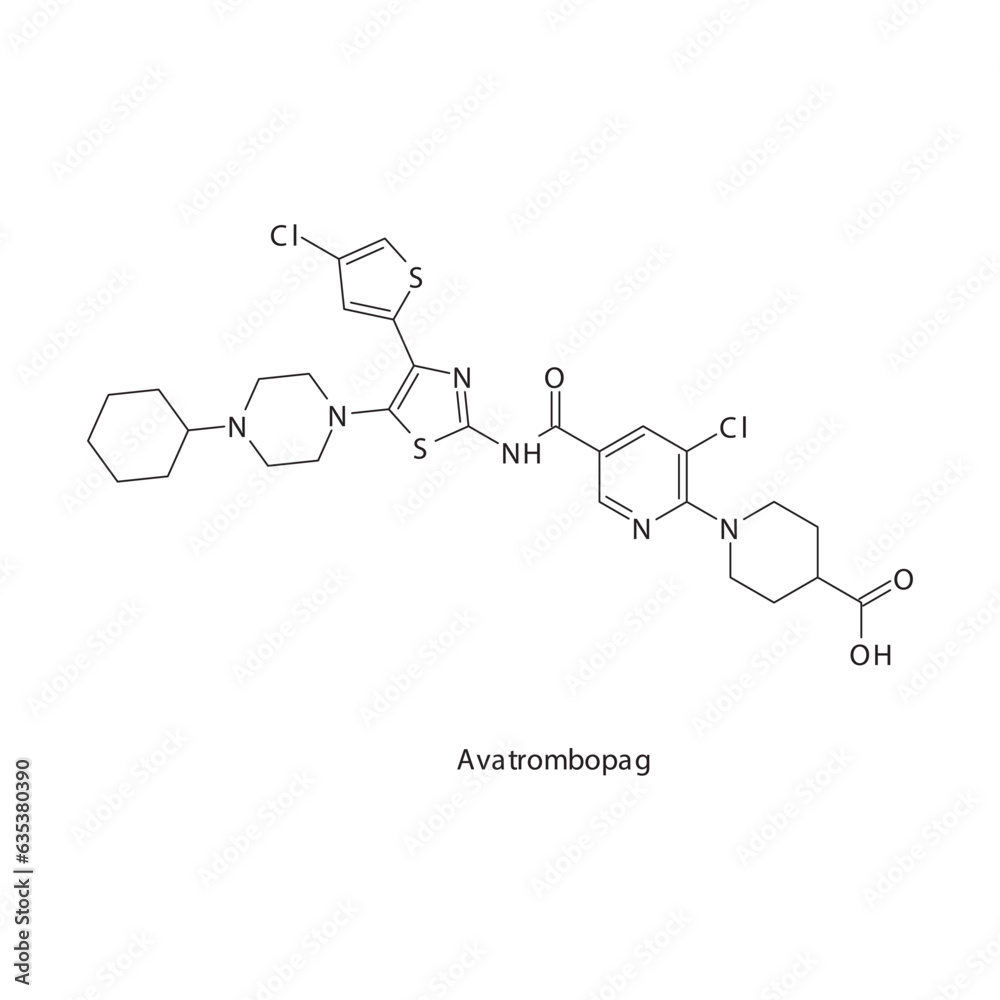 Avatrombopag flat skeletal molecular structure Antifibrinolytics  drug used in risk of bleeding treatment. Vector illustration.