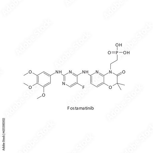 Fostamatinib flat skeletal molecular structure Antifibrinolytics  drug used in risk of bleeding treatment. Vector illustration.