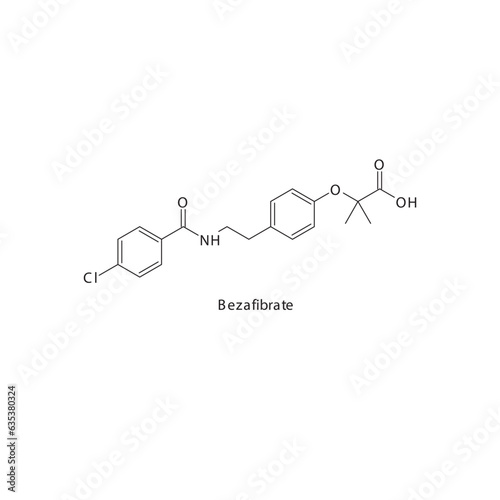 Bezafibrate  flat skeletal molecular structure Fibrate drug used in hyperlipidemia treatment. Vector illustration. photo