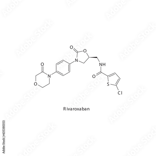 Rivaroxaban flat skeletal molecular structure Factor XA inhibitor drug used in risk of thrombosis treatment. Vector illustration.