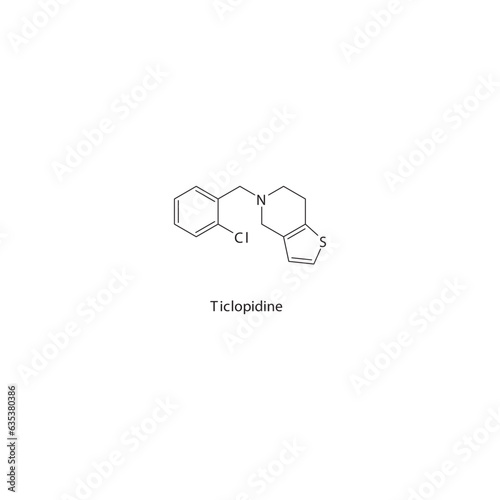 Ticlodipine flat skeletal molecular structure P2Y12 inhibitor drug used in risk of thrombosis treatment. Vector illustration.