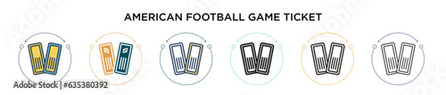 American football game ticket icon in filled, thin line, outline and stroke style. Vector illustration of two colored and black american football game ticket vector icons designs can be used for
