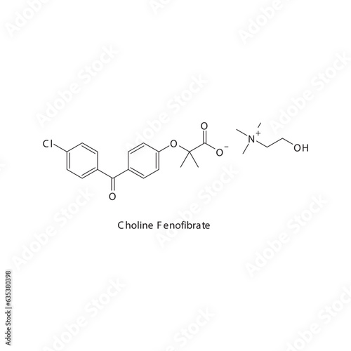 Choline Fenofibrate flat skeletal molecular structure Fibrate drug used in hyperlipidemia treatment. Vector illustration.