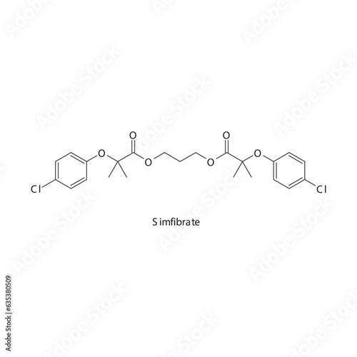 Simfibrate flat skeletal molecular structure Fibrate drug used in hyperlipidemia treatment. Vector illustration.