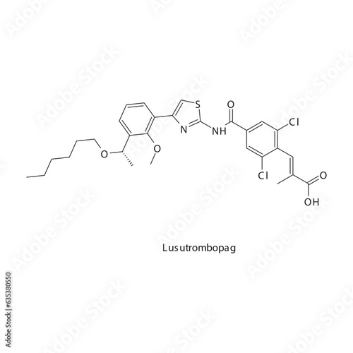 Lusutrombopag flat skeletal molecular structure Antifibrinolytics  drug used in risk of bleeding treatment. Vector illustration.