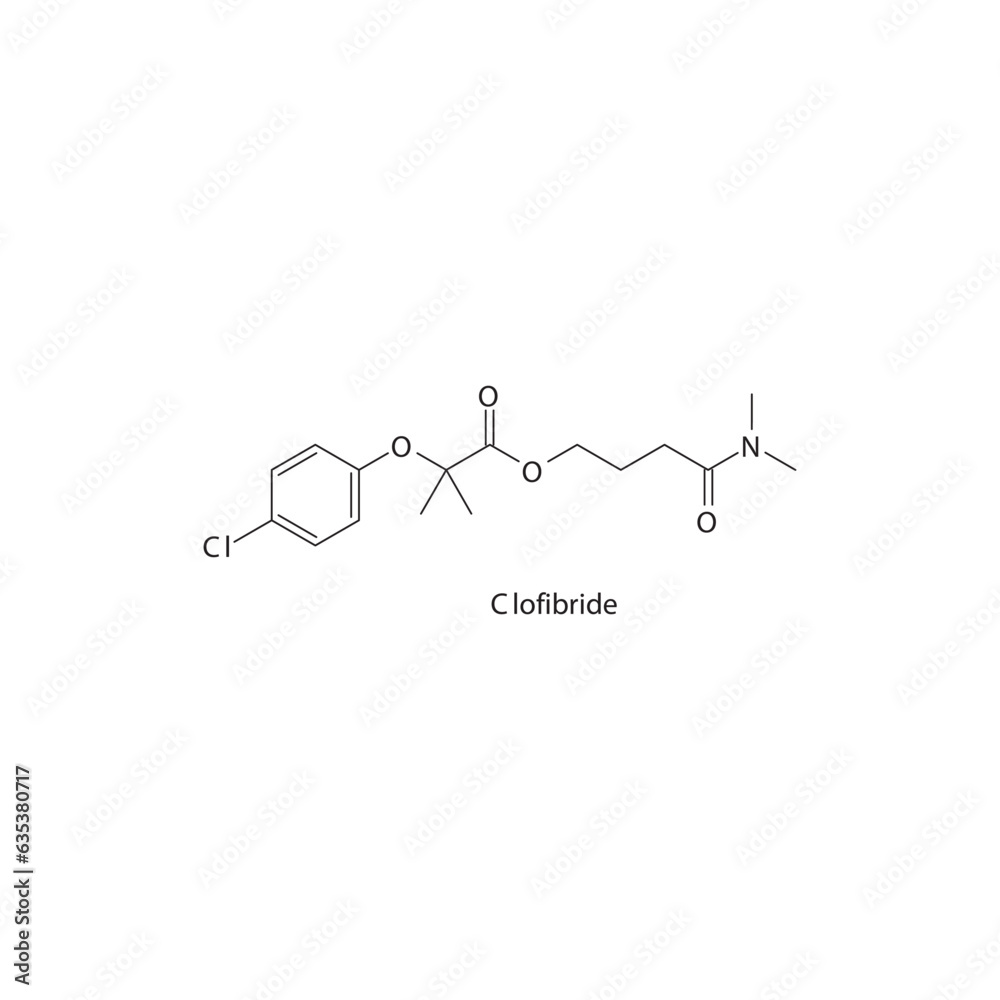Clofibride flat skeletal molecular structure Fibrate drug used in hyperlipidemia treatment. Vector illustration. Clofibride flat skeletal molecular structure Fibrate drug used in hyperlipidemia treatment. Vector illustration.