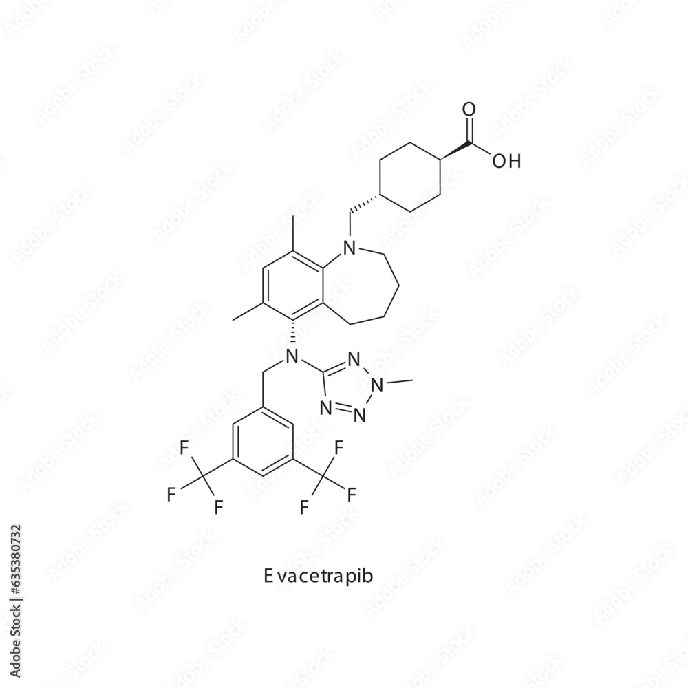 Evacetrapib flat skeletal molecular structure CETP inhibitor drug used in hyperlipidemia treatment. Vector illustration. Evacetrapib flat skeletal molecular structure CETP inhibitor drug used in hyperlipidemia treatment. Vector illustration.