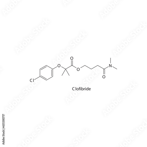 Clofibride flat skeletal molecular structure Fibrate drug used in hyperlipidemia treatment. Vector illustration.
