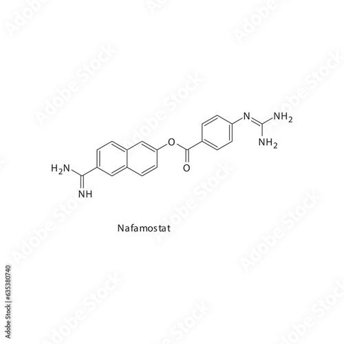 Nafamostat  flat skeletal molecular structure Protease inhibitor anticoagulant drug used in risk of thrombosis treatment. Vector illustration.