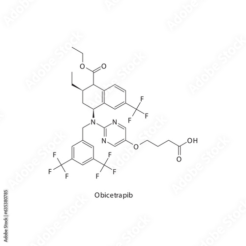 Obicetrapib flat skeletal molecular structure CETP inhibitor drug used in hyperlipidemia treatment. Vector illustration.