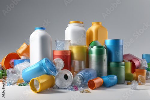 Containers, cups, bottles, and other household plastic trash lie on a gray background