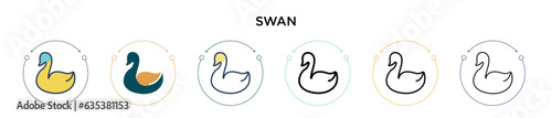Swan icon in filled, thin line, outline and stroke style. Vector illustration of two colored and black swan vector icons designs can be used for mobile, ui, web