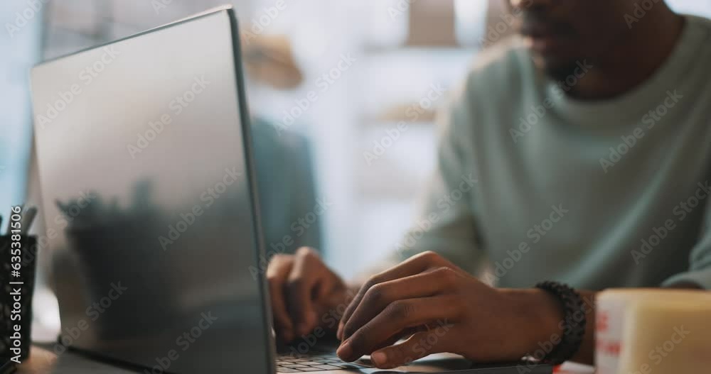 Remote work, laptop and typing, black man in ecommerce with business ideas and research on internet. Planning, web search and freelancer online with computer, email and lead generation in home office