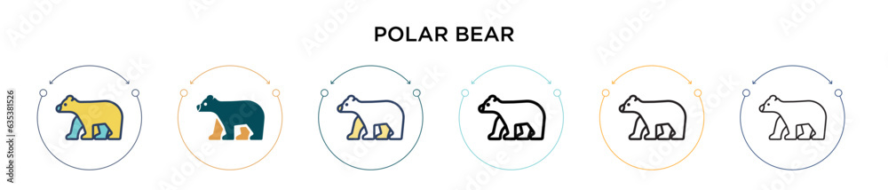 Polar bear icon in filled, thin line, outline and stroke style. Vector illustration of two colored and black polar bear vector icons designs can be used for mobile, ui, web