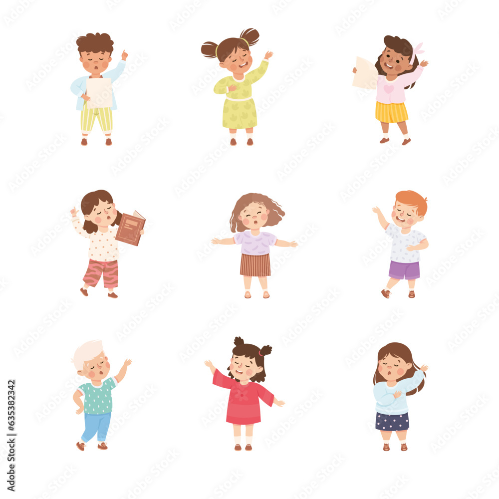Little Boy and Girl Character Standing and Tell Story or Recite Poetry Vector Illustration Set Little Boy and Girl Character Standing and Tell Story or Recite Poetry Vector Illustration Set