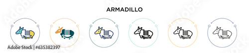 Armadillo icon in filled, thin line, outline and stroke style. Vector illustration of two colored and black armadillo vector icons designs can be used for mobile, ui, web