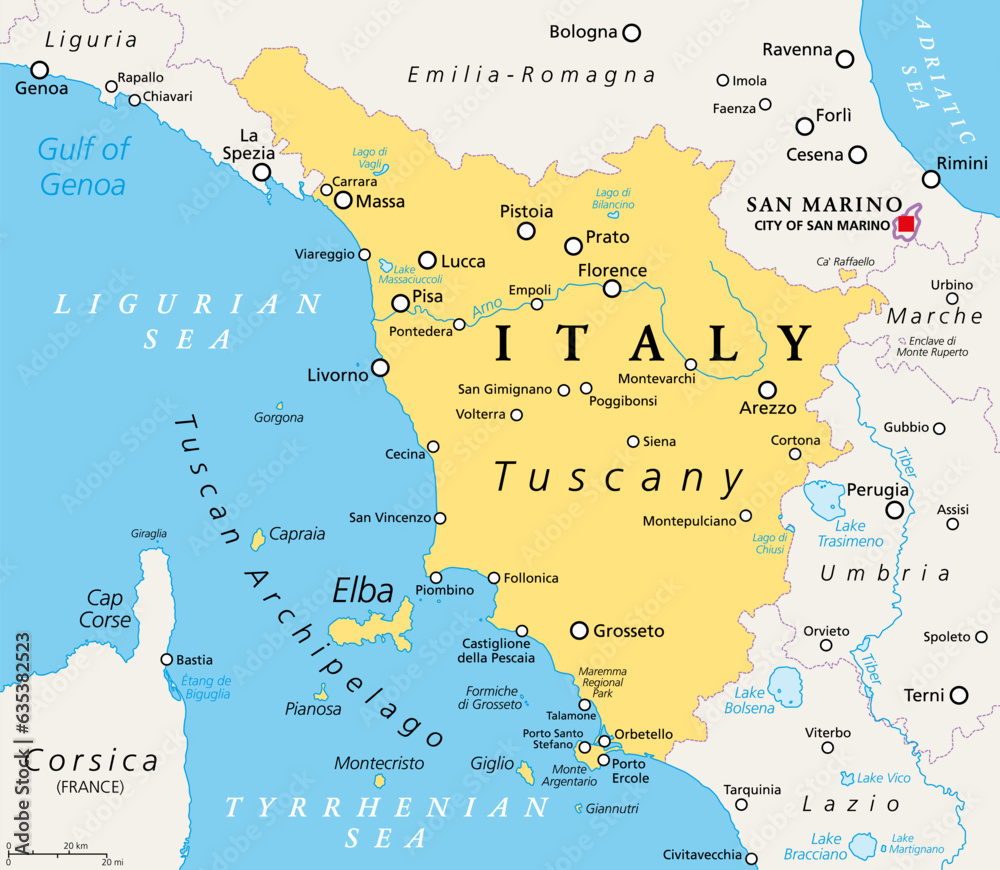 Fototapeta premium Tuscany, region in central Italy, political map with many popular tourist spots like Florence, Castiglione della Pescaia, Pisa, Lucca, Grosseto and Siena. The Tuscan Archipelago is part of the region.