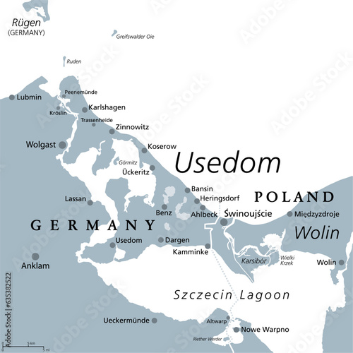 Usedom, Baltic Sea island in Pomerania, gray political map. Nicknamed Sun Island, sunniest and most populous Island of the Baltic Sea, divided between Germany and Poland. Popular tourist destination. photo