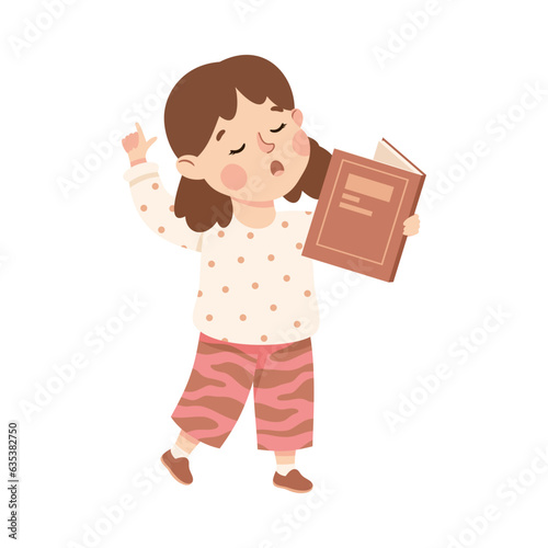 Little Girl Character Standing and Tell Story or Recite Poetry from Book Vector Illustration