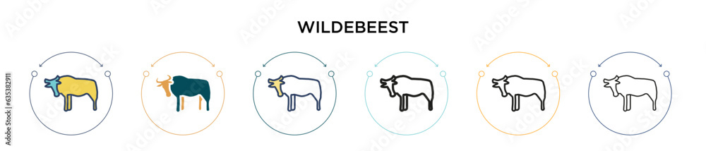 Wildebeest icon in filled, thin line, outline and stroke style. Vector illustration of two colored and black wildebeest vector icons designs can be used for mobile, ui, web