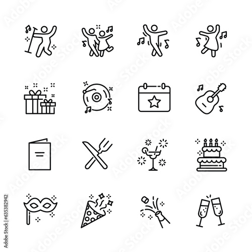 christmas, new year , happy celebration, party thin line icons set, such as music, gift, firework, confetti, food and wine. isolated vector illustration