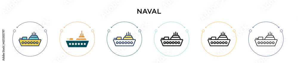 Naval icon in filled, thin line, outline and stroke style. Vector illustration of two colored and black naval vector icons designs can be used for mobile, ui, web