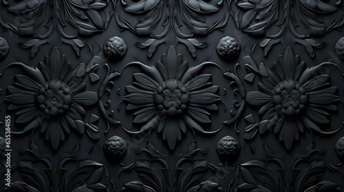 Black 3D Rococo Pattern Background. Intricate Dark