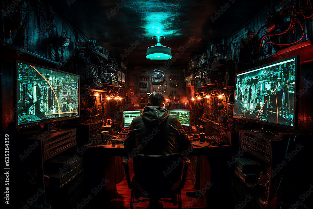 hacker sitting at the computer, cyber security and anti-spyware concept hacker sitting at the computer, cyber security and anti-spyware concept