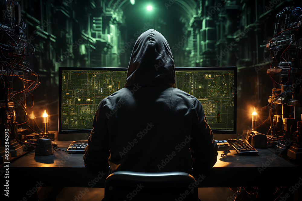 hacker sitting at the computer, cyber security and anti-spyware concept hacker sitting at the computer, cyber security and anti-spyware concept