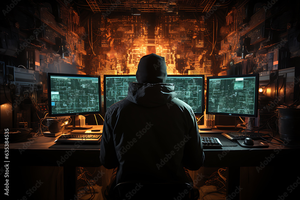 hacker sitting at the computer cyber security and antispyware concept 