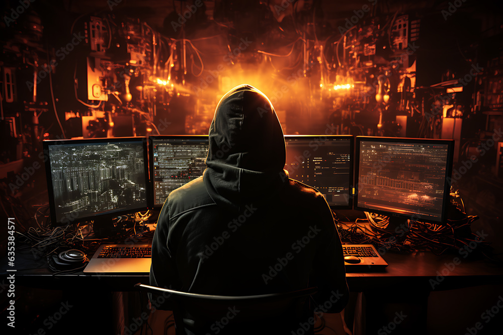 hacker sitting at the computer cyber security and antispyware concept hacker sitting at the computer cyber security and antispyware concept