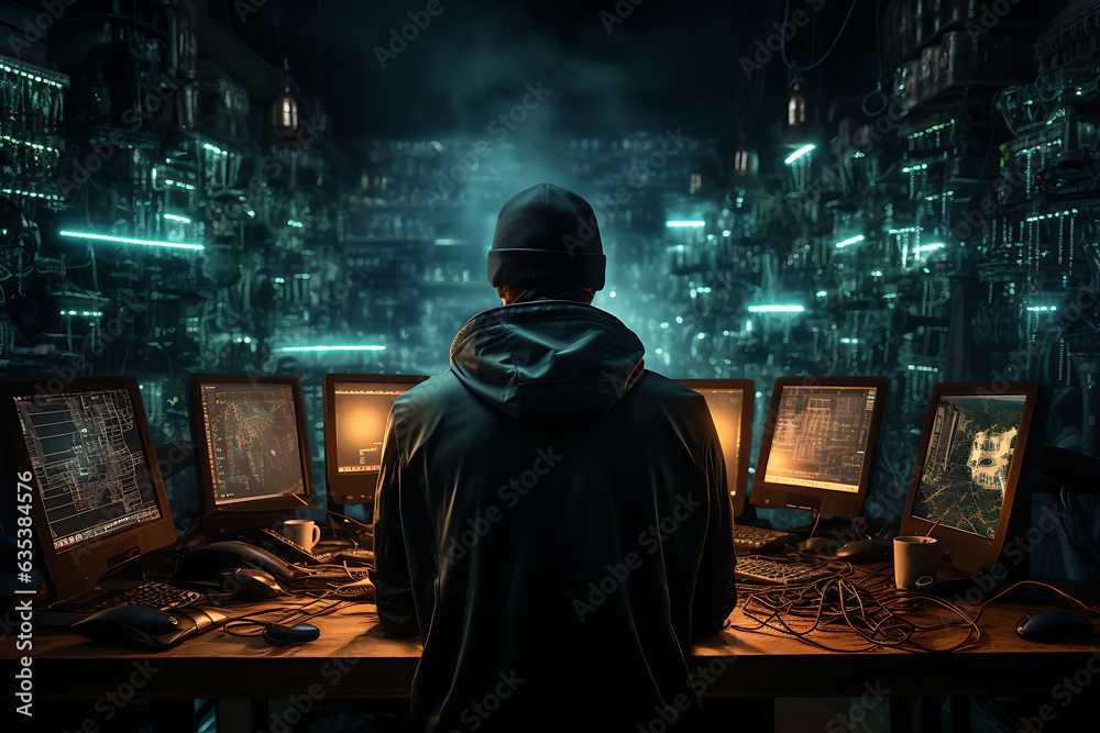 hacker sitting at the computer cyber security and antispyware concept hacker sitting at the computer cyber security and antispyware concept
