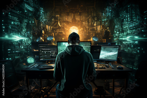hacker sitting at the computer, cyber security and anti-spyware concept 