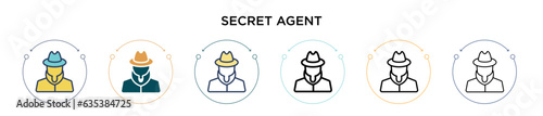 Secret agent icon in filled, thin line, outline and stroke style. Vector illustration of two colored and black secret agent vector icons designs can be used for mobile, ui, web