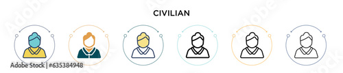 Civilian icon in filled, thin line, outline and stroke style. Vector illustration of two colored and black civilian vector icons designs can be used for mobile, ui, web