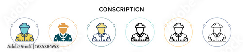 Conscription icon in filled, thin line, outline and stroke style. Vector illustration of two colored and black conscription vector icons designs can be used for mobile, ui, web
