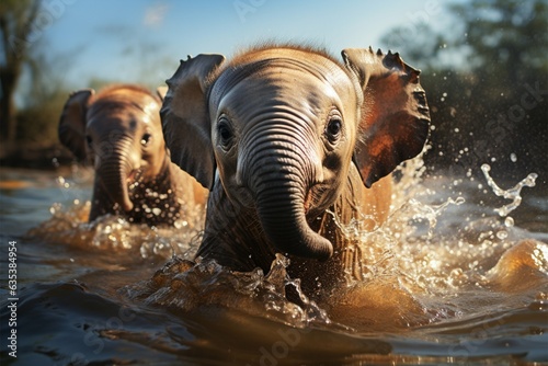 In a watery playground, young elephants exuberance shines through joyful splashes Generative AI