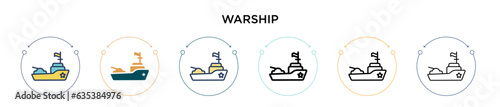 Warship icon in filled, thin line, outline and stroke style. Vector illustration of two colored and black warship vector icons designs can be used for mobile, ui, web