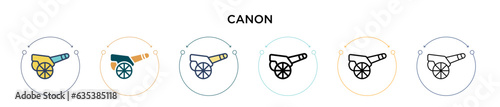 Canon icon in filled, thin line, outline and stroke style. Vector illustration of two colored and black canon vector icons designs can be used for mobile, ui, web