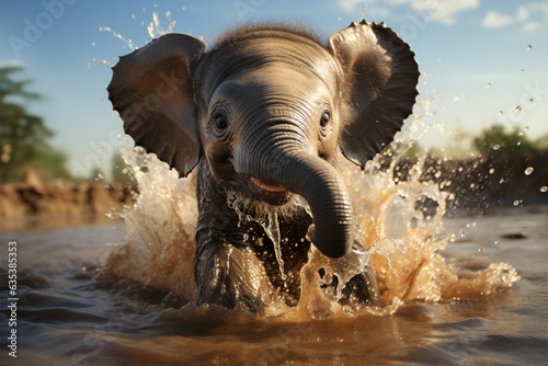 Playful infant elephant joyfully frolics in water puddle, radiating pure delight Generative AI