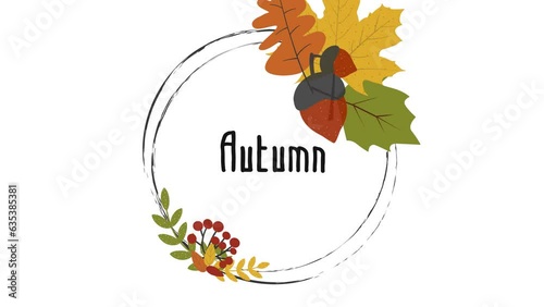 Elegant 4K animation, round frame with autumn flying leaves and acorns. Animated autumn banner, creative cover design with the inscription autumn