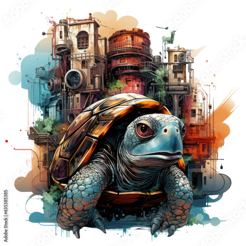A watercolor turtle T-shirt design set in a steampunk-inspired cityscape, where the turtle navigates cobblestone, Generative Ai