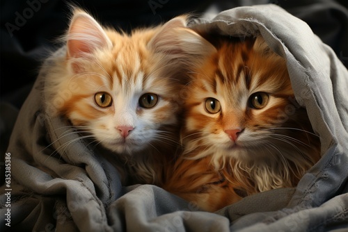 Playful kittens form endearing bundle, sharing warmth within their blanket sanctuary Generative AI