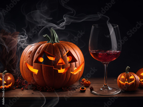 Smokey Halloween Pumpkins with Red Vine Glass placed on the wooden table with dark background, Generative AI