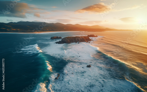 Aerial beautiful shot of a seashore with hills on the background at sunset © MUS_GRAPHIC