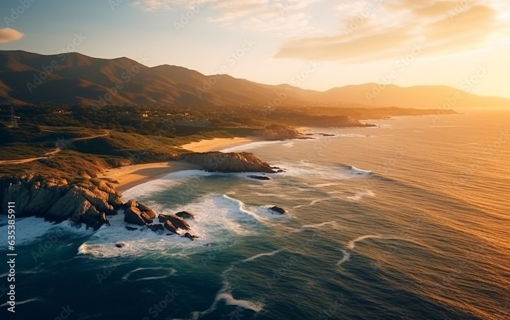 Obraz premium Aerial beautiful shot of a seashore with hills on the background at sunset