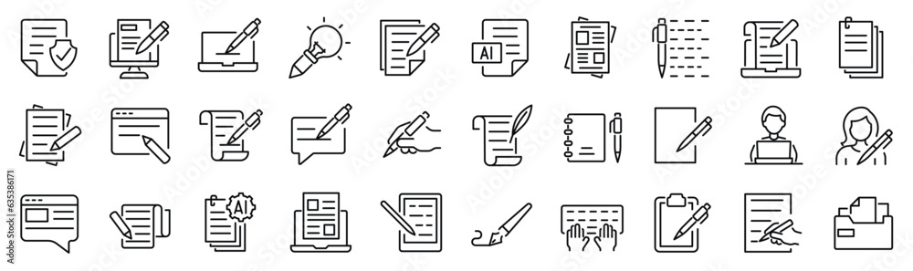 Set of 30 outline icons related to copywriting. Linear icon collection. Editable stroke. Vector illustration