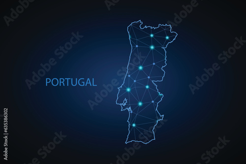 Map of Portugal. Wire frame 3D mesh polygonal network line, design sphere, dot and structure. communications map of Portugal. Vector Illustration EPS10.