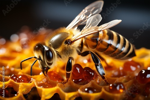 Up close insight into bee activity on honeycomb cells, highlighting their buzzing productivity Generative AI © Muhammad Ishaq